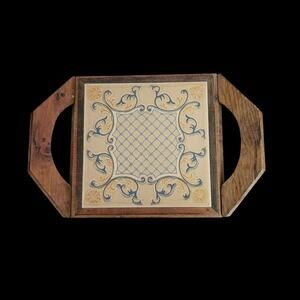 Vintage Wooden Tile Serving Tray Hand Painted Ceramic Center